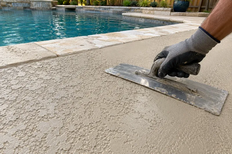 Trowel spreading a new knockdown coat over a pool deck
