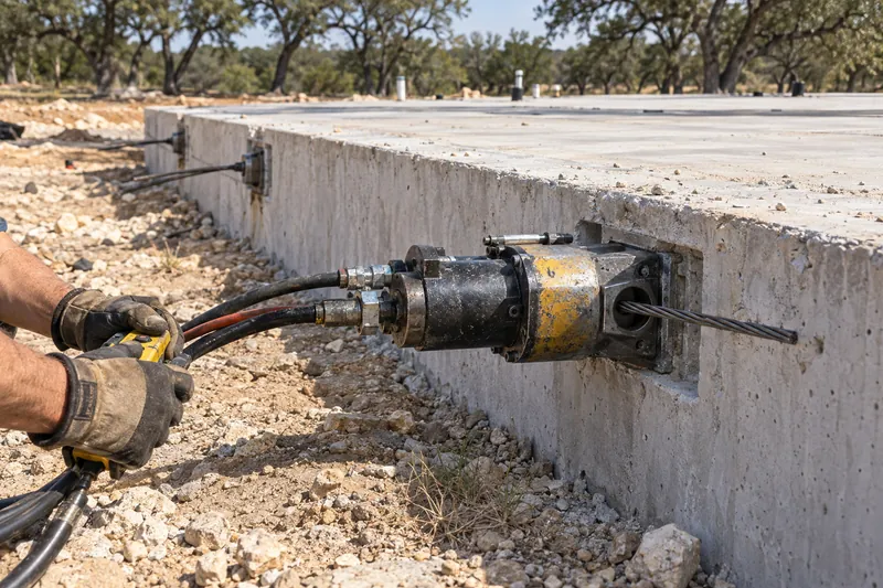 Hydraulic jack stressing post-tension tendons at a slab edge
