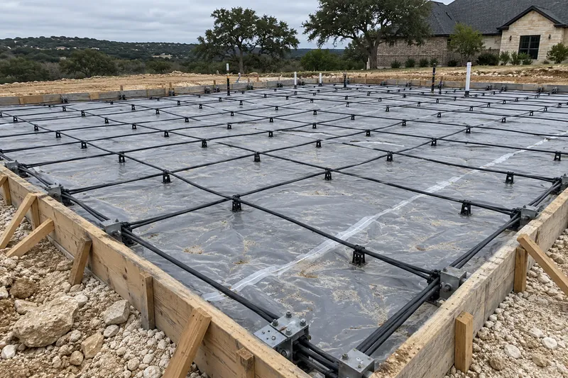 Post-tension tendons on chairs over a vapor barrier in slab forms