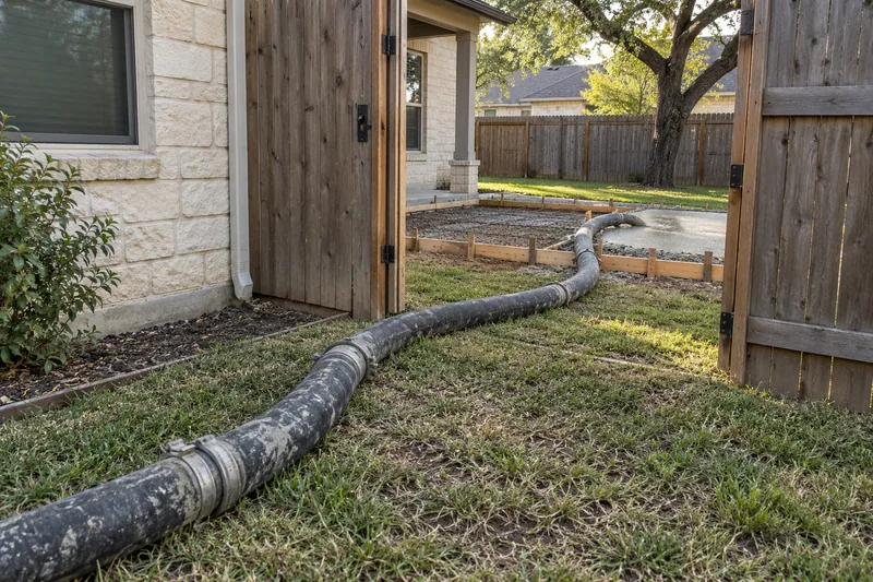 Pump line hose run through a side gate into a backyard