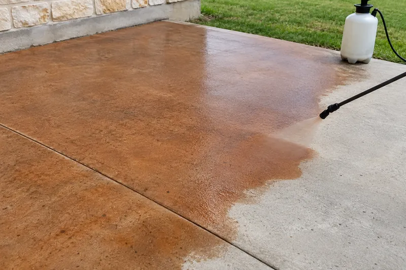 Pump sprayer laying copper-brown stain onto a bare slab