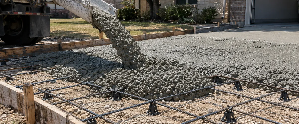 Ready-mix concrete flowing from a truck chute over rebar in driveway forms