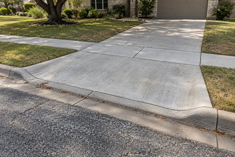 Residential driveway approach at the curb, crossed by a public sidewalk