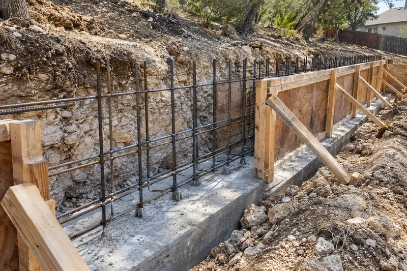 Wall forms and rebar on a footing cut into limestone
