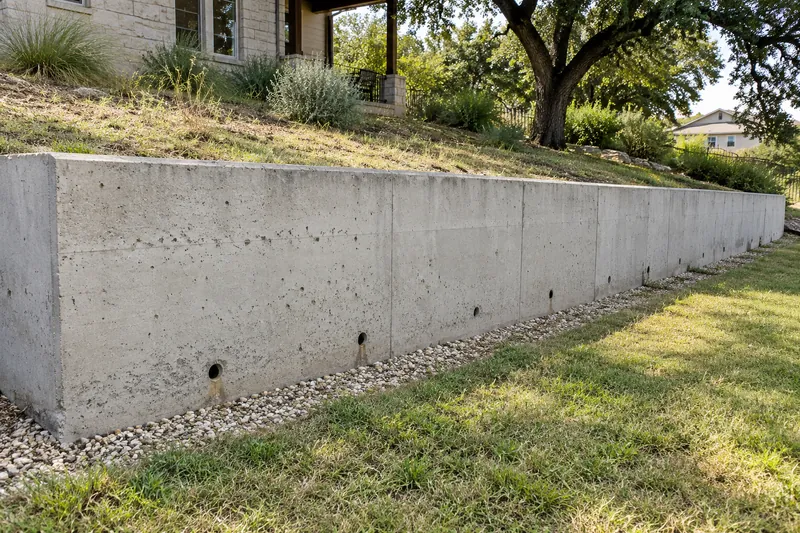 Poured concrete wall with weep holes above a gravel strip