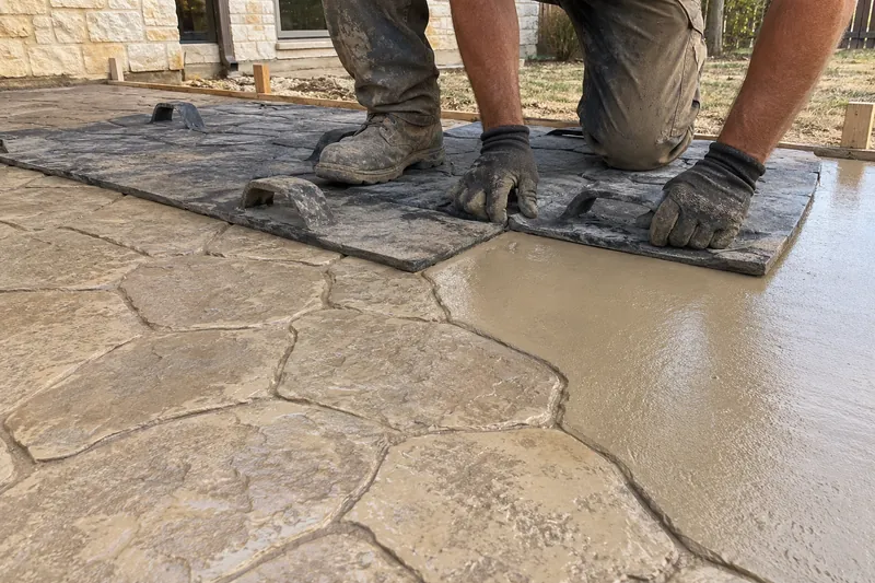 Rubber stamping mats pressed into fresh tinted patio concrete