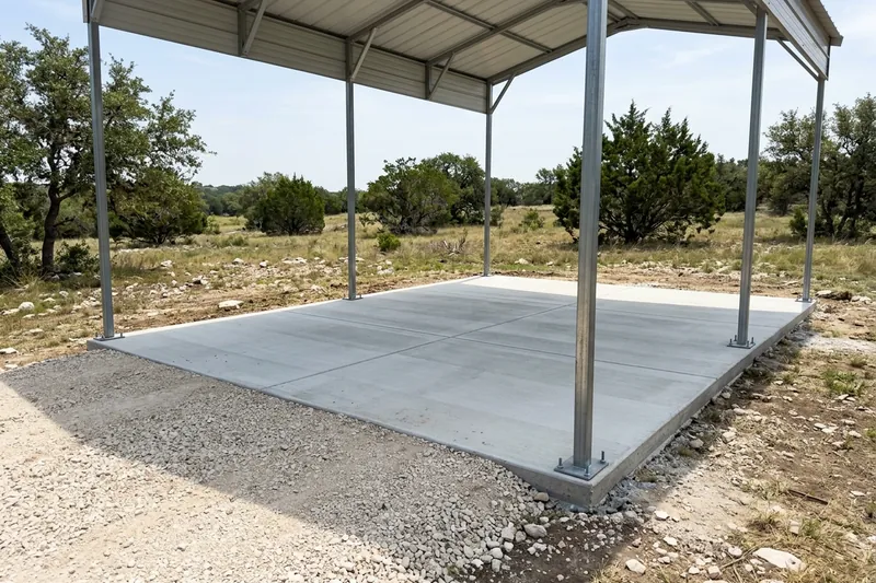 New concrete pad under a tall metal RV carport on open land
