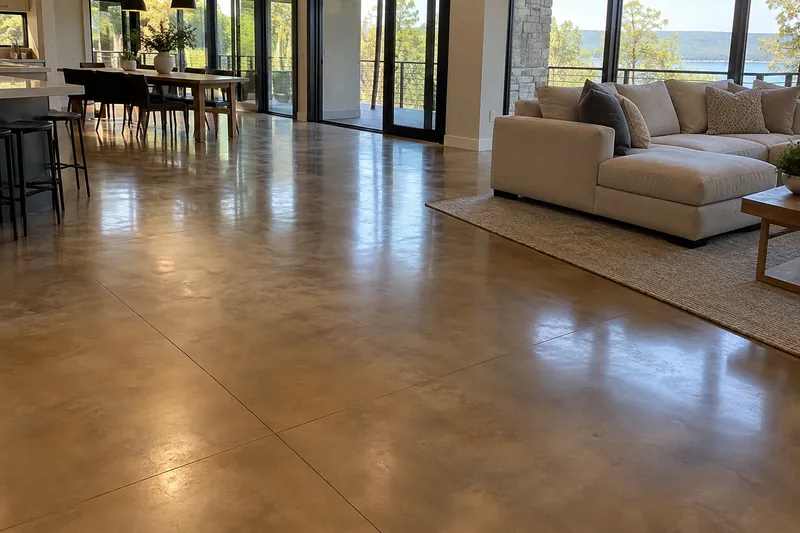 Polished and stained concrete floor in an open living room