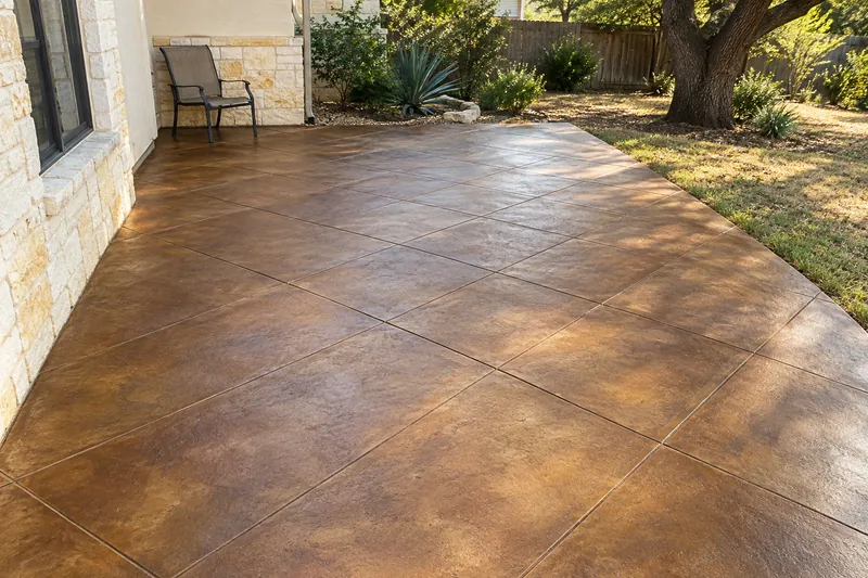 Amber-stained patio scored in a diagonal tile pattern