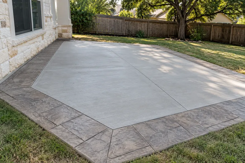 Patio with a stamped border framing a smooth broom-finished center
