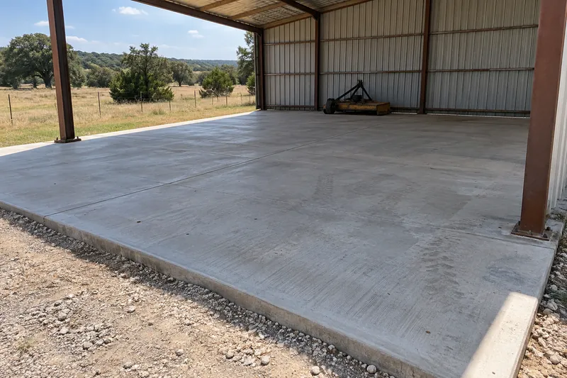 Concrete slab under an open steel equipment shed on rural land
