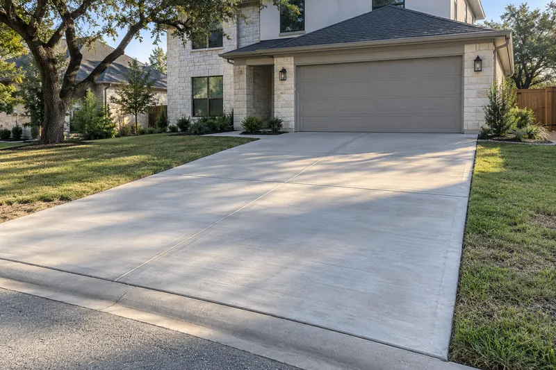 New concrete driveway leading to a two-story stone house