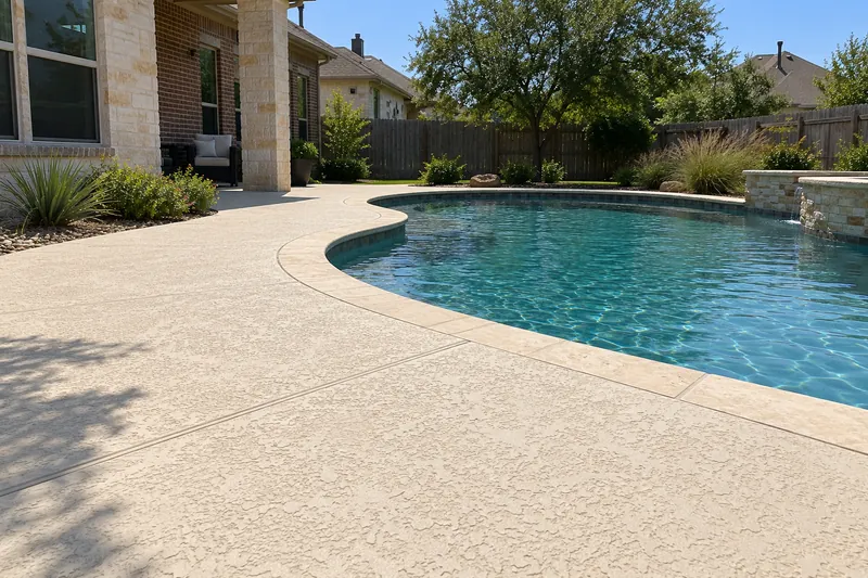 Light textured concrete deck curving around a backyard pool