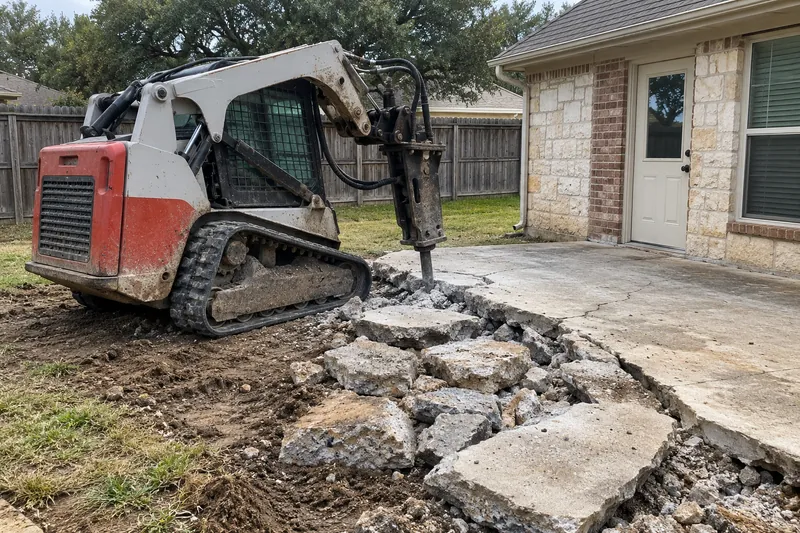 Compact track loader with a breaker breaking up a patio slab