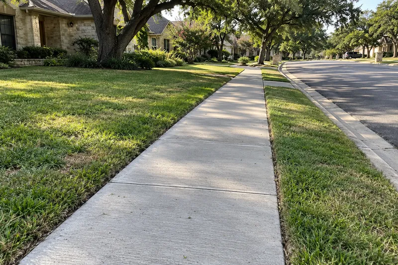 Public concrete sidewalk with tooled joints on a tree-lined street