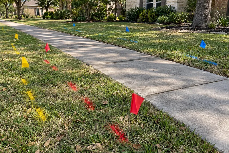 Colored utility flags and paint marks on a lawn by a sidewalk