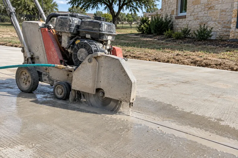 Walk-behind saw with a water feed cutting a slab joint