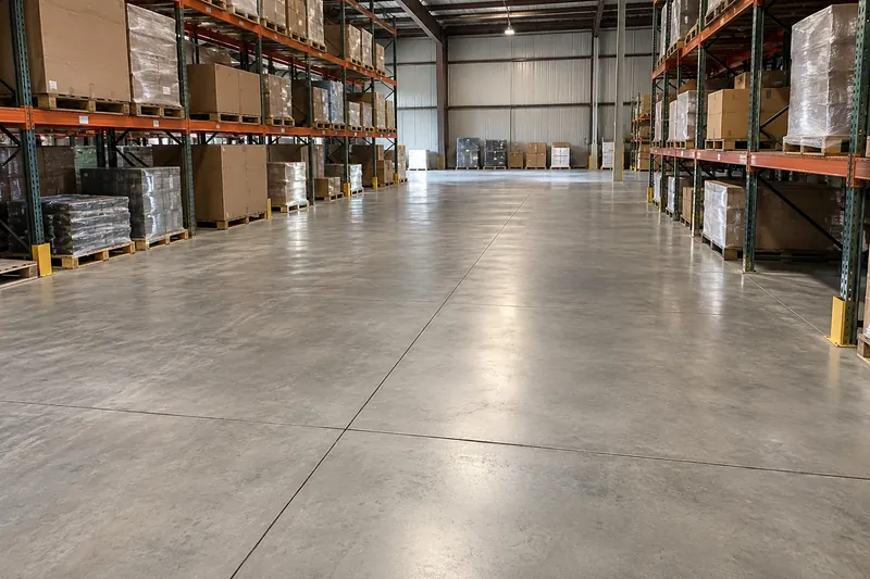 Smooth warehouse floor with sawn joints between pallet racks