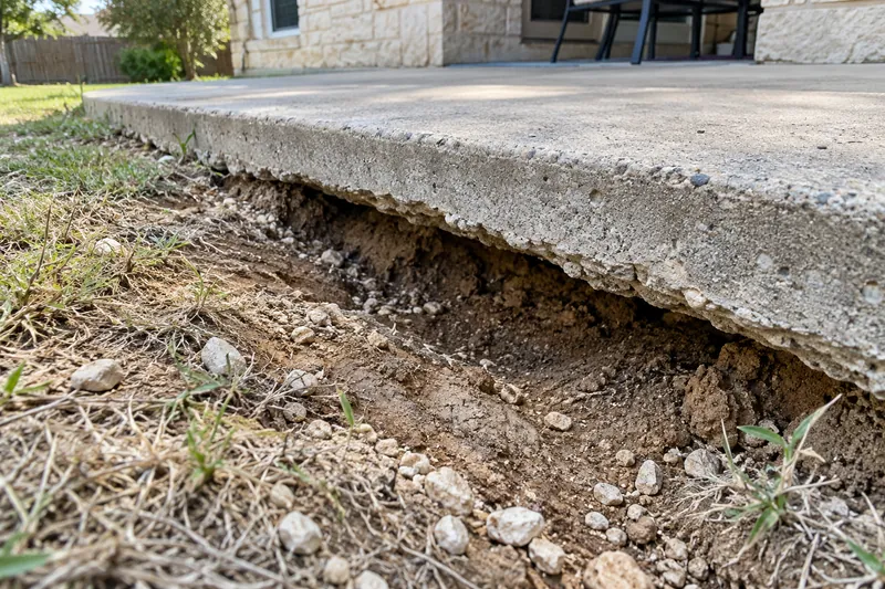 Hollow under a slab edge where soil has washed away